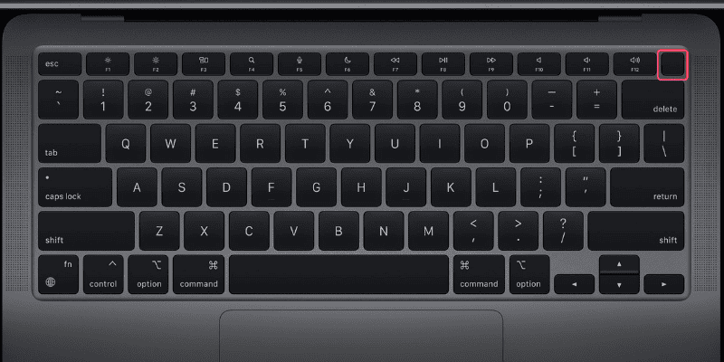 MacBook Pro M1 keyboard with power button highlighted