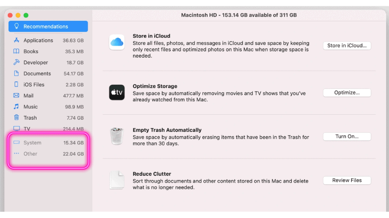 macOS Manage Storage Tab Details - Mac Other Storage
