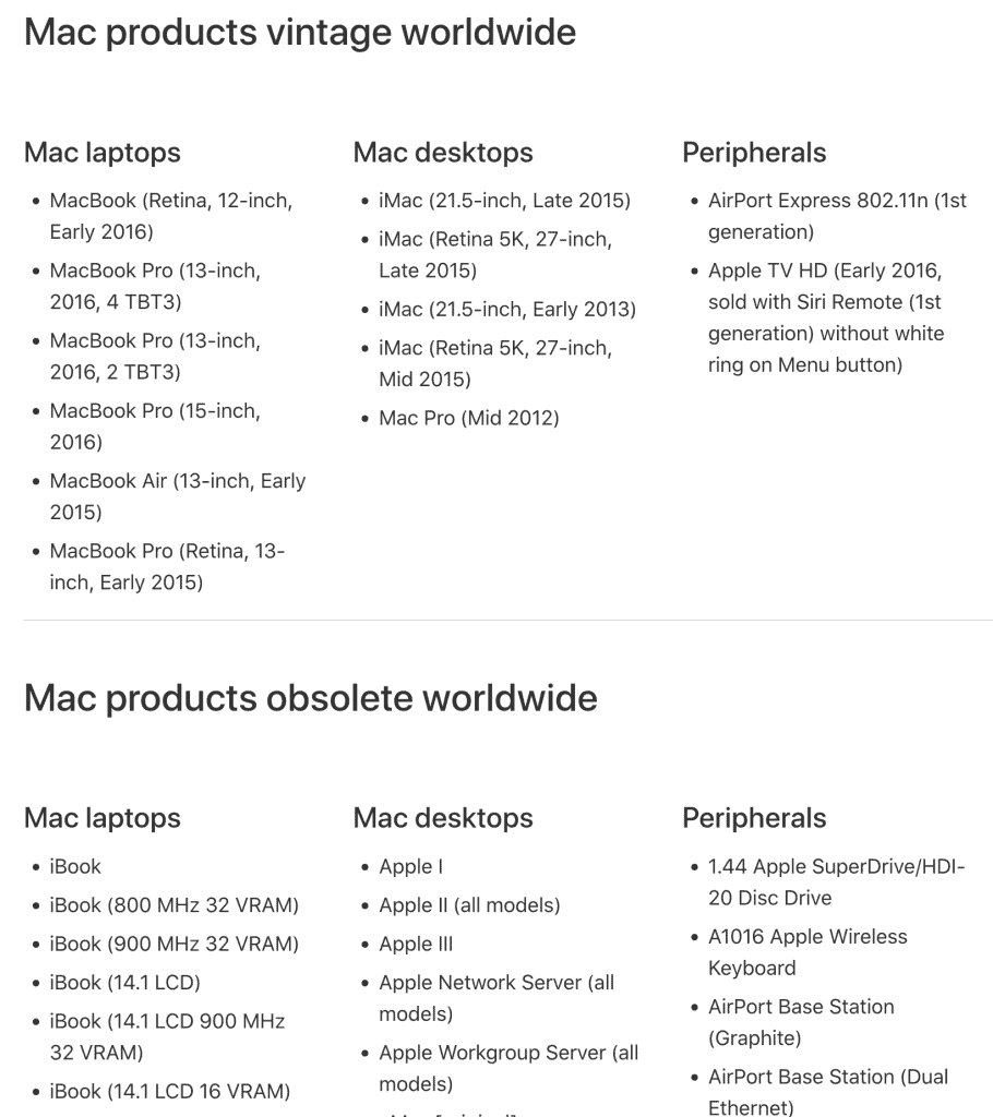 Apple Mac 经典设备列表
