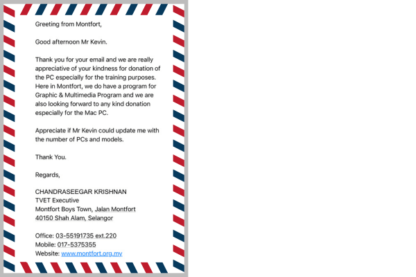 Email from Montfort Boys Town